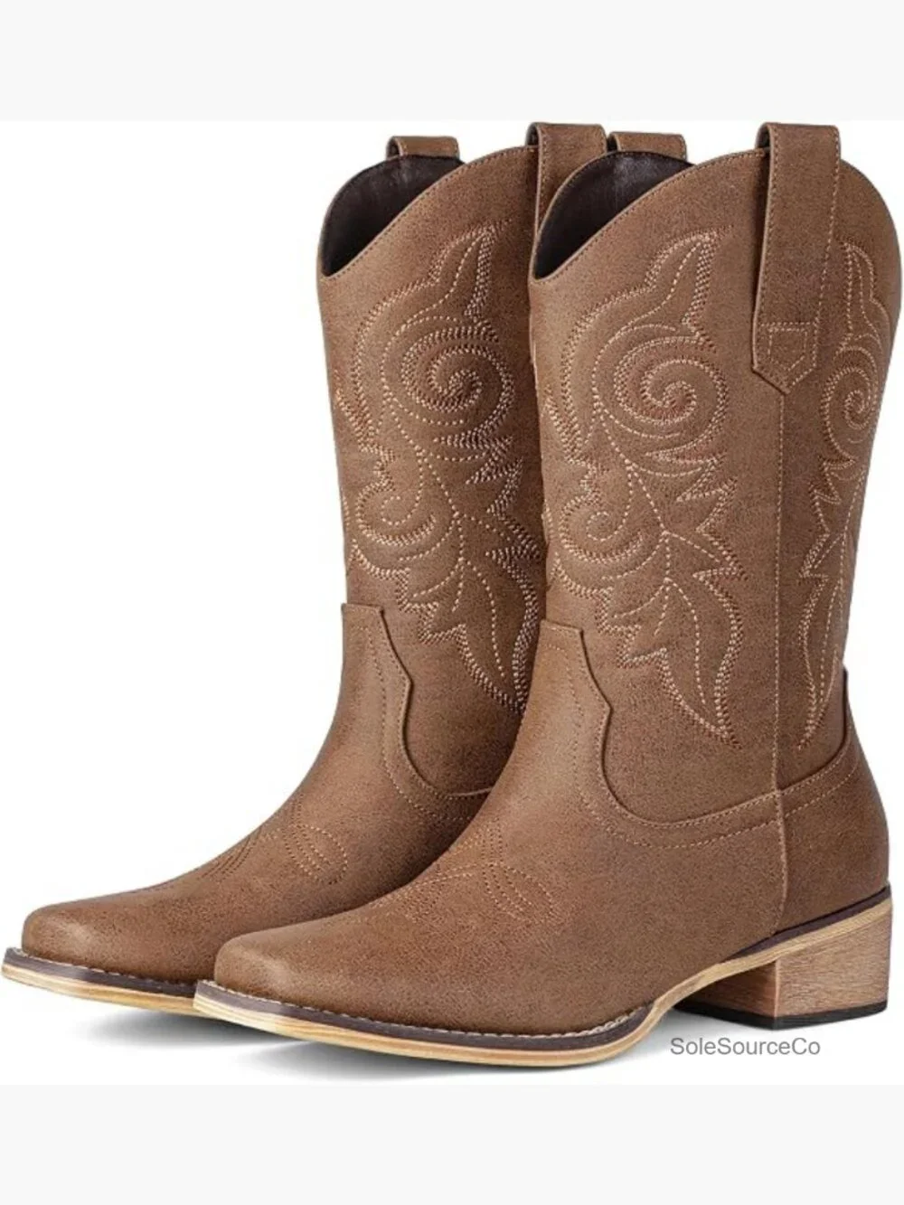 Women's Square Toe Mid Calf Cowgirl Boots Low Chunky Heel Pull On - Picture 1 of 7